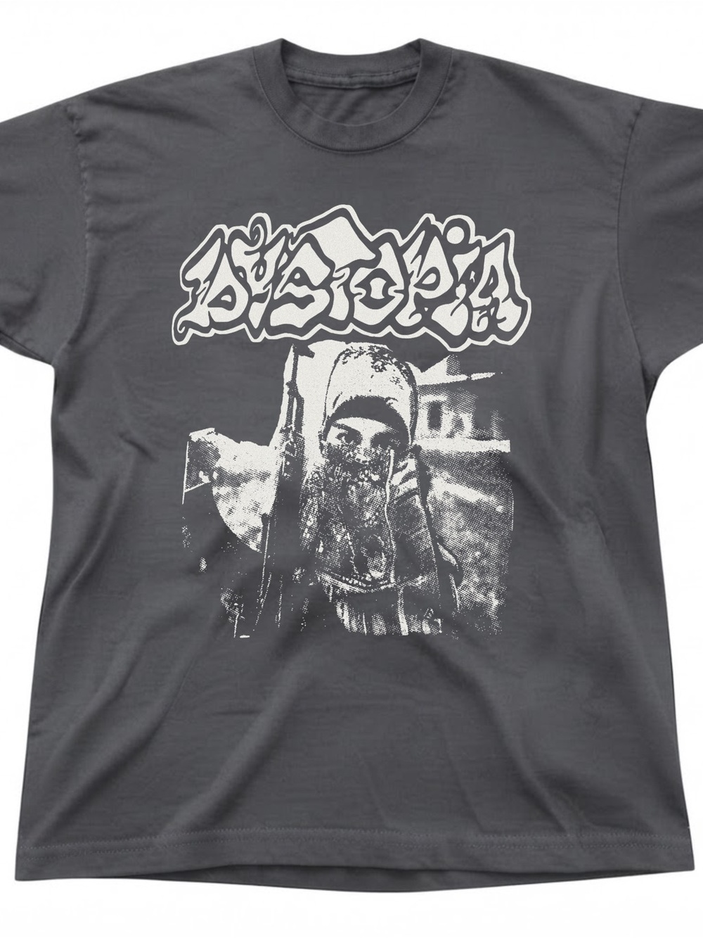 Dystopia Band Graphic Charcoal Gray Cotton Gildan T-shirt